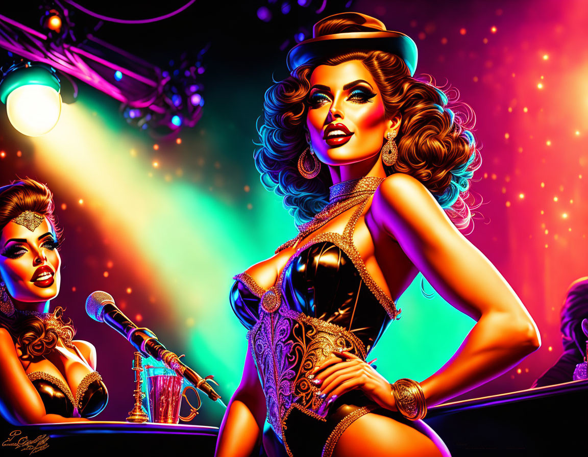 Vibrant illustration of glamorous women in vintage attire with microphones