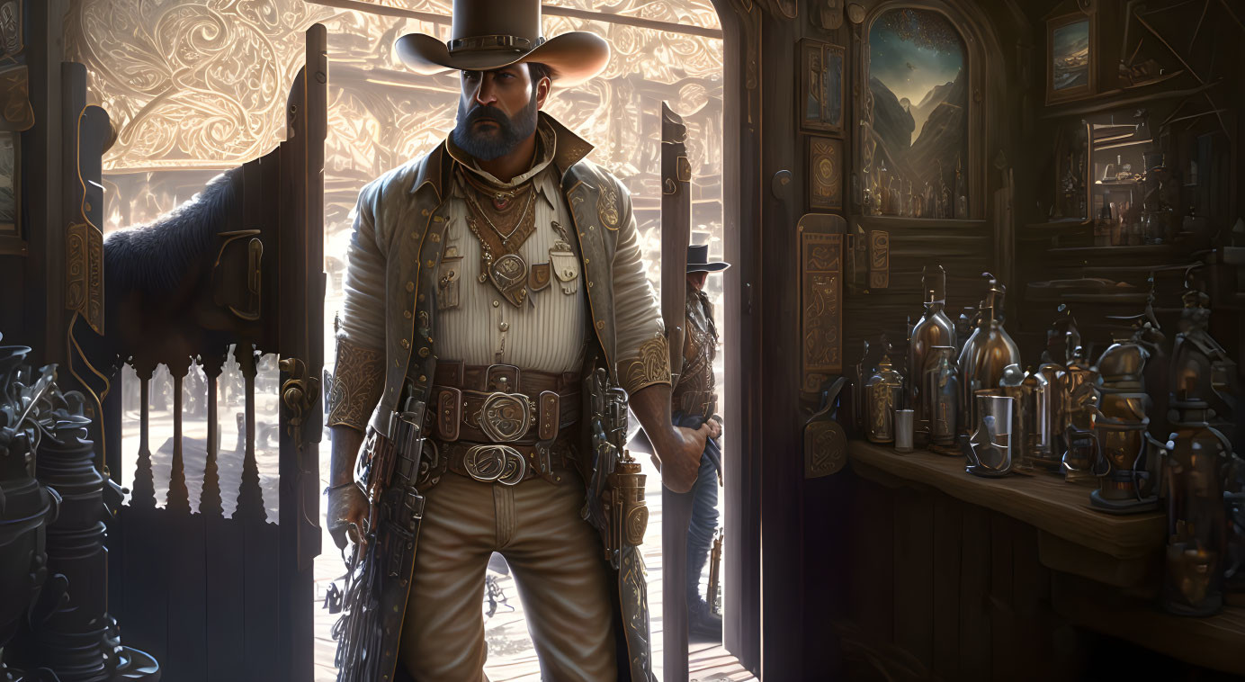 Detailed Cowboy in Ornate Saloon with Horse Outside