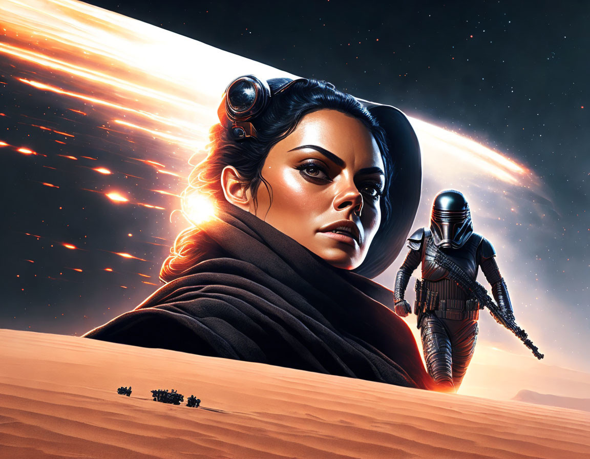 Female character with goggles on desert planet with cloaked figure under starry sky