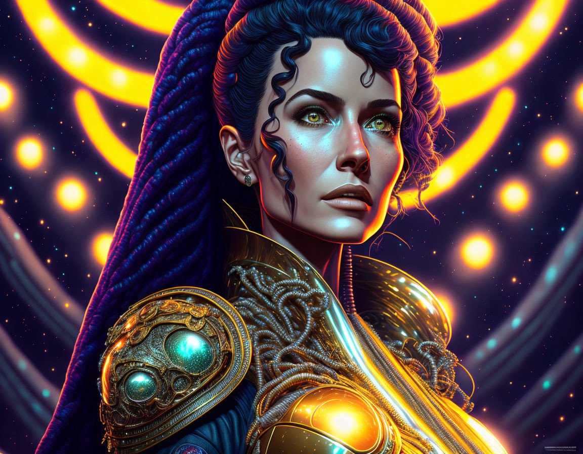 Digital artwork: Woman with blue hair, green eyes, golden armor, cosmic backdrop.