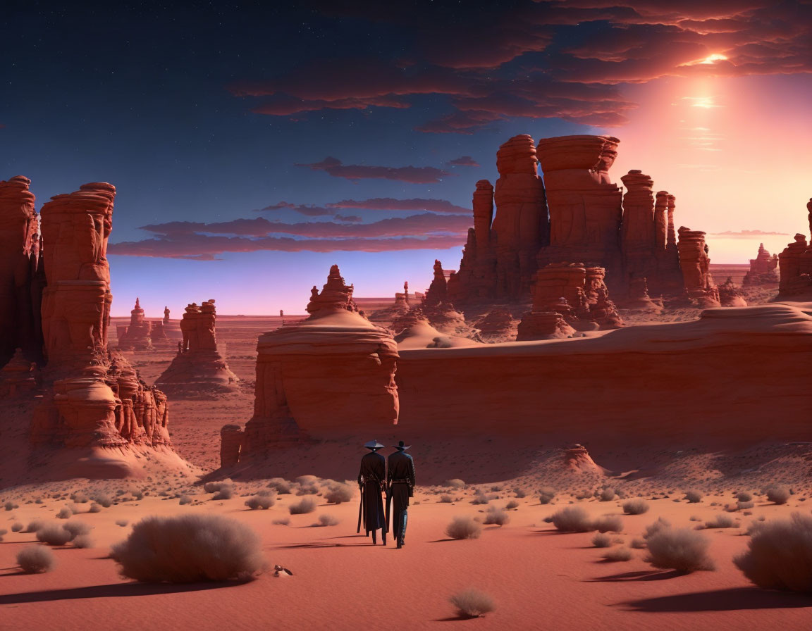 Two figures in desert with rock formations under starry sky & bright celestial body.