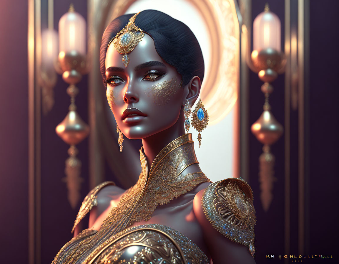 Regal woman portrait with gold jewelry and glowing lamps