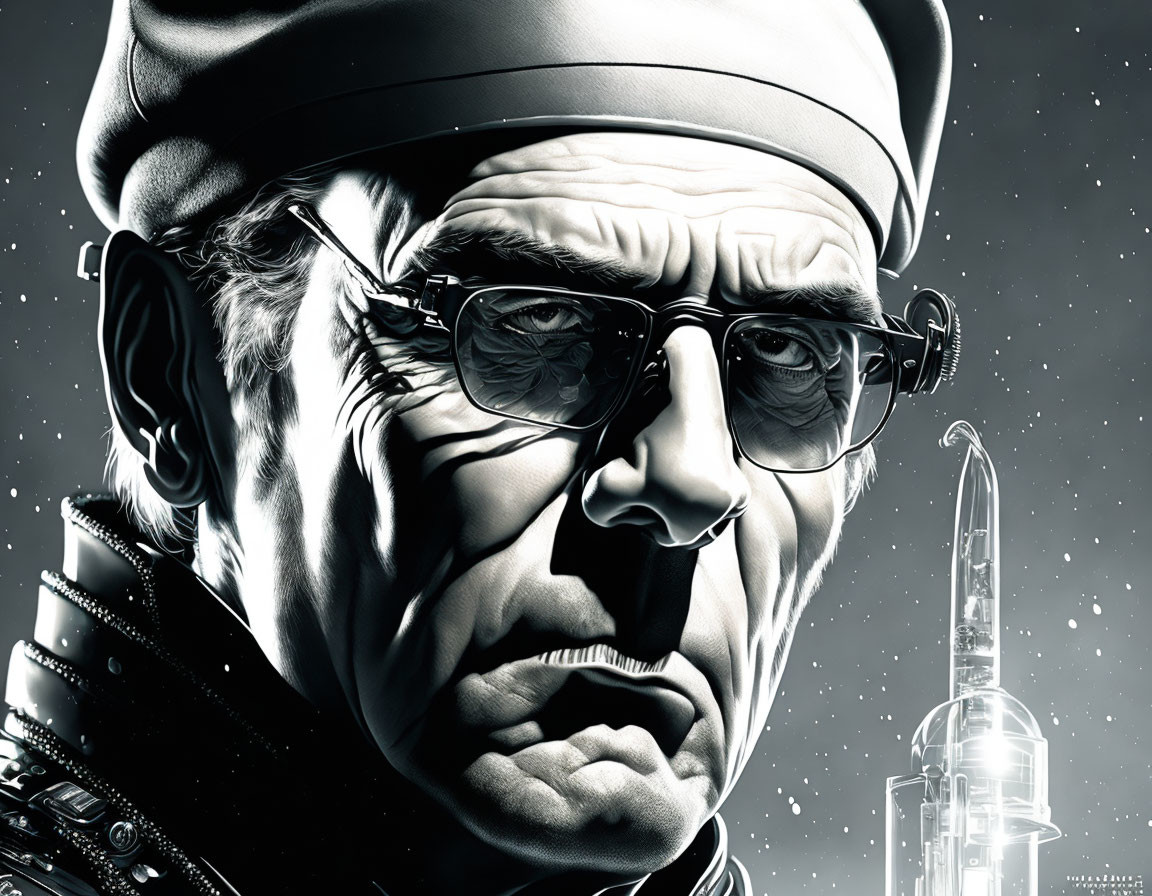 Military Man Illustration with Sunglasses and Syringe on Starry Background