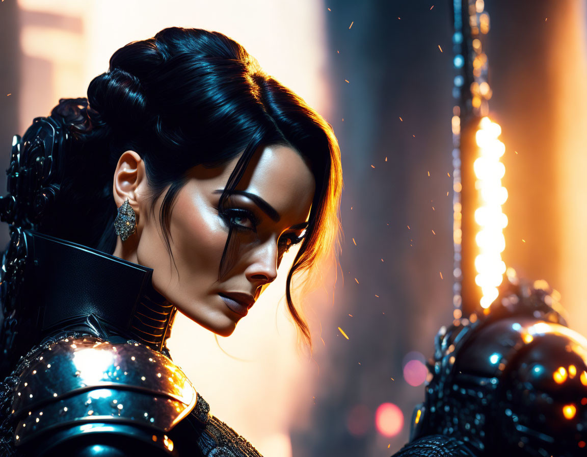 Woman in futuristic dark armor with dramatic makeup and intricate hairstyle.