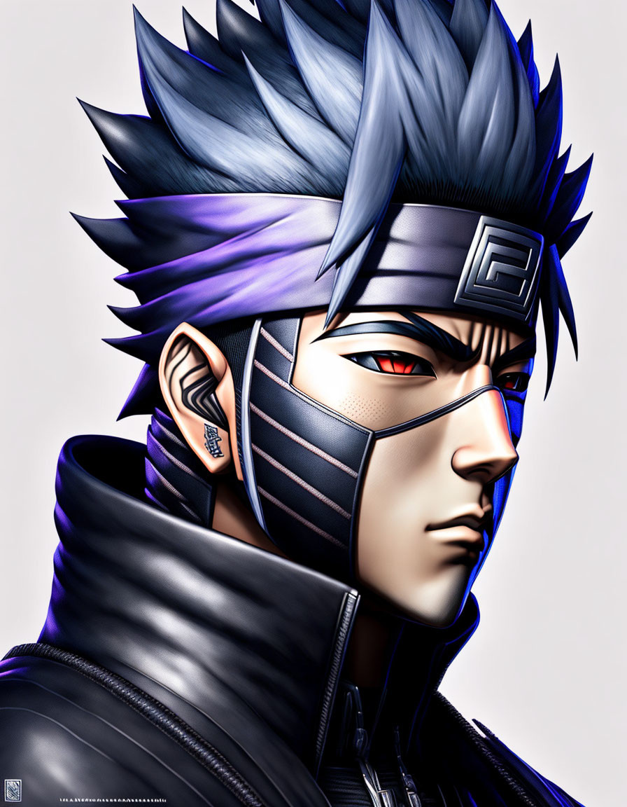 Determined ninja with spiky blue hair and headband in black jacket