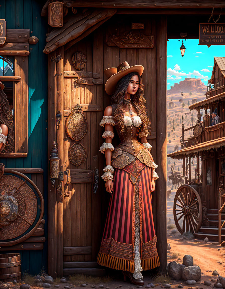 Western-themed woman in elaborate attire at old-timey town doorway