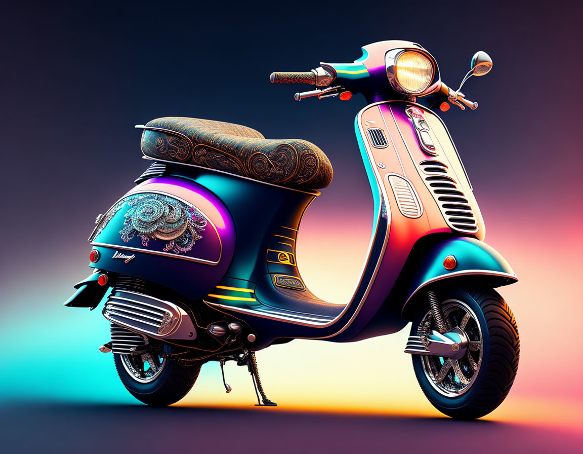 Vibrant digital artwork of a stylized scooter with intricate designs