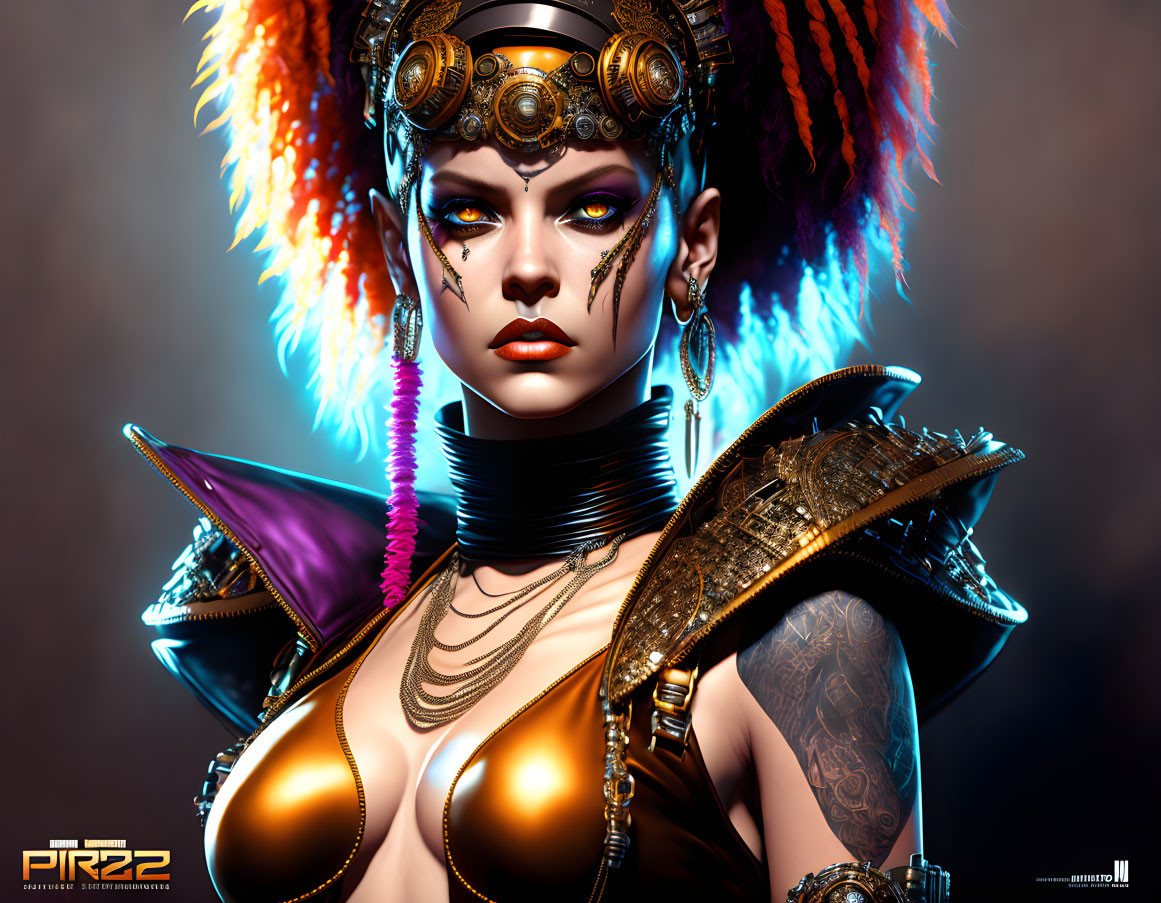 Digital artwork: Woman with ornate headdress, futuristic makeup, and detailed armor.