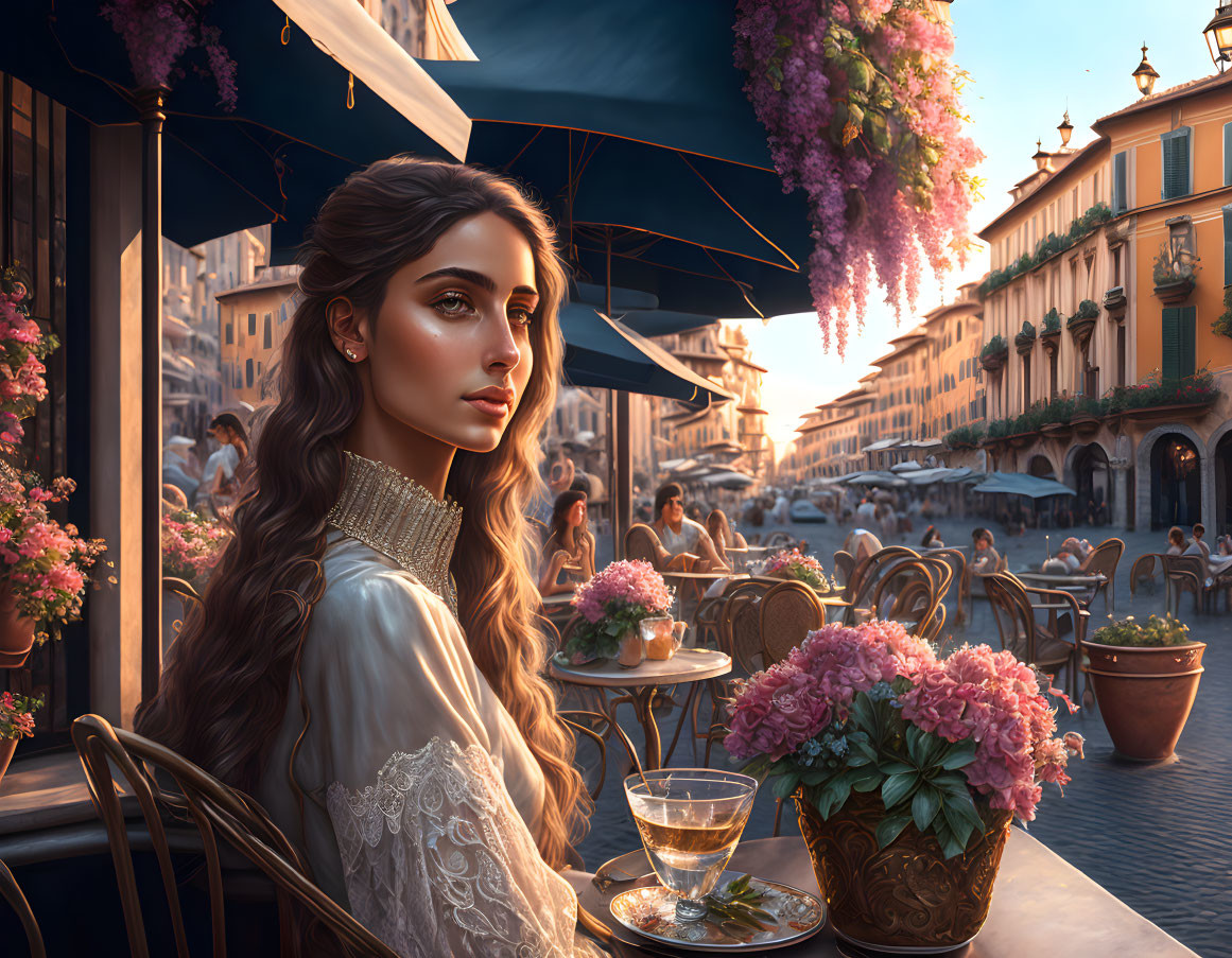 Woman at cafe table under wisteria in European town during golden hour