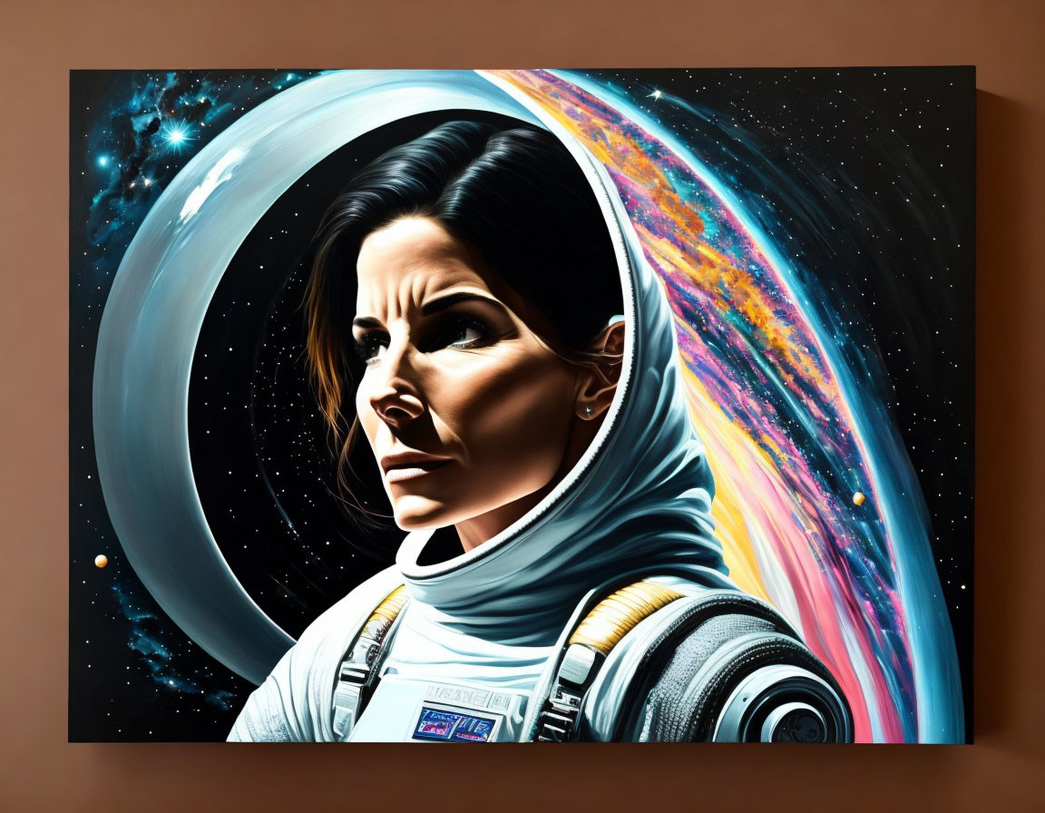 Astronaut painting with reflective visor on cosmic background