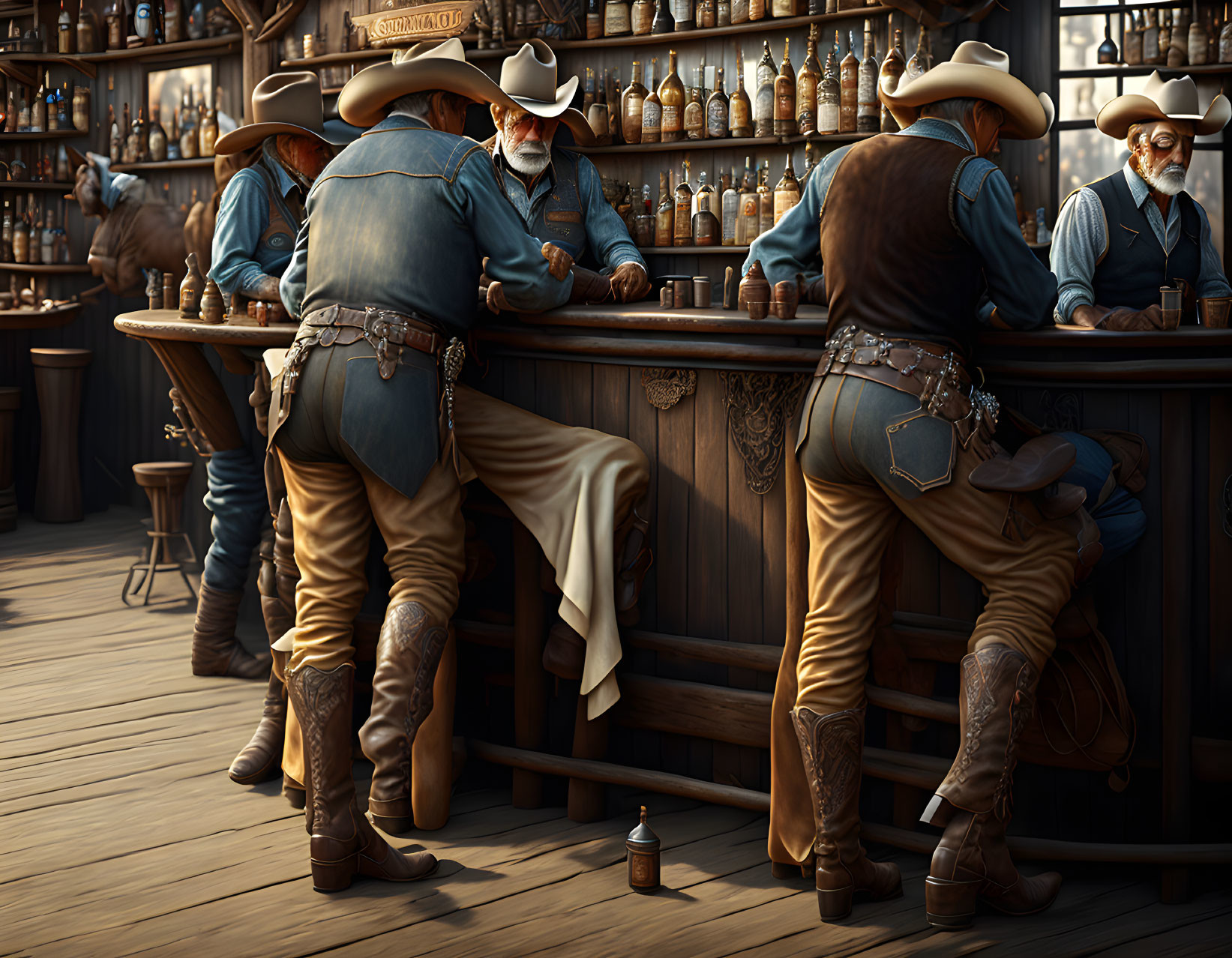 Cowboys in Western saloon with whiskey bottles and bar stools