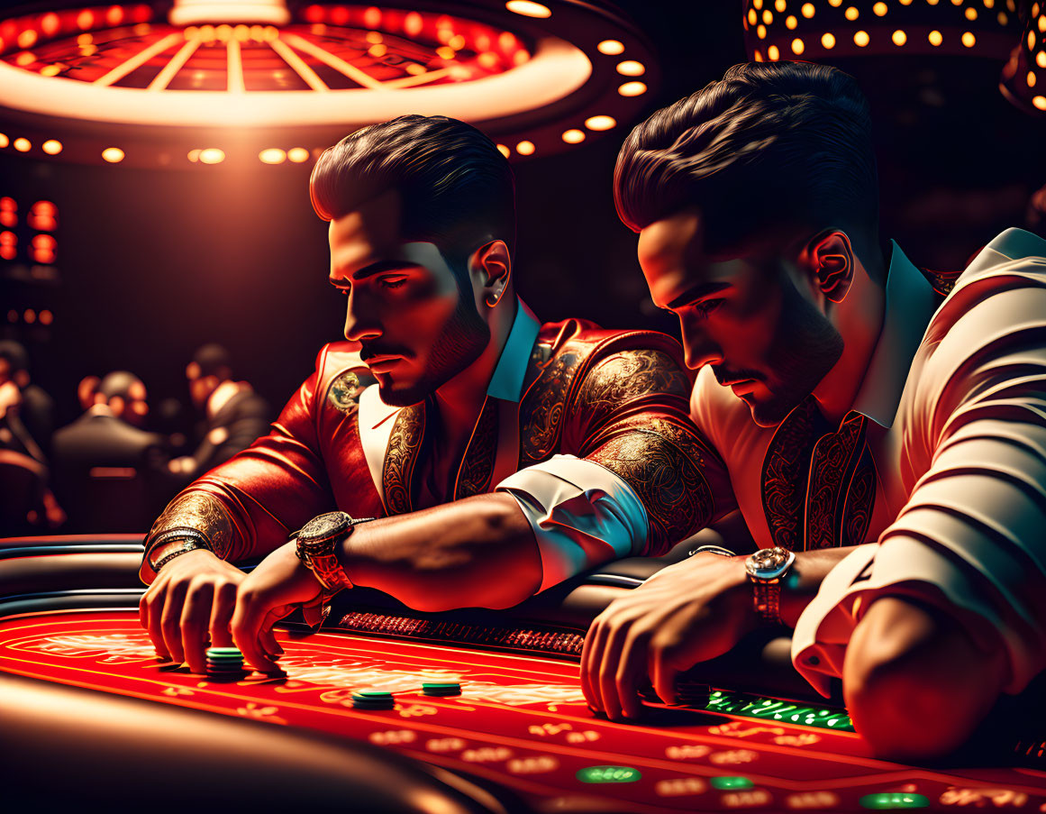 Men at gambling table in dim-lit casino with roulette wheel.