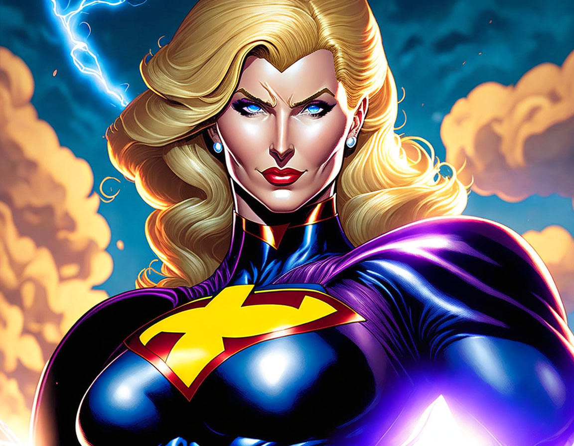 Female superhero with blonde hair in blue suit among clouds and lightning