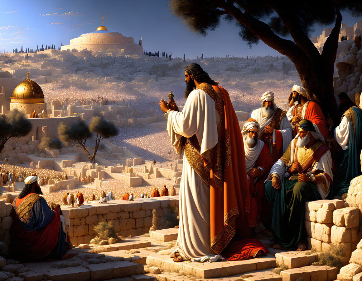 Digital painting of biblical figure addressing group in ancient Jerusalem