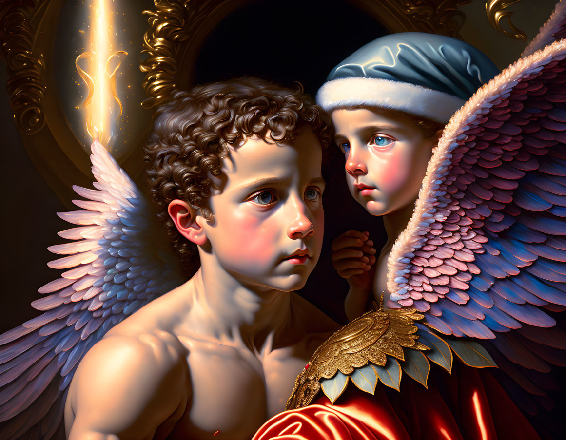 Detailed curly hair and expressive eyes on angelic figures in warm golden light