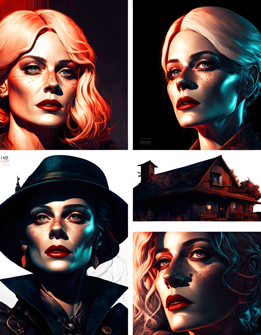 Blonde woman with freckles in four stylized portraits