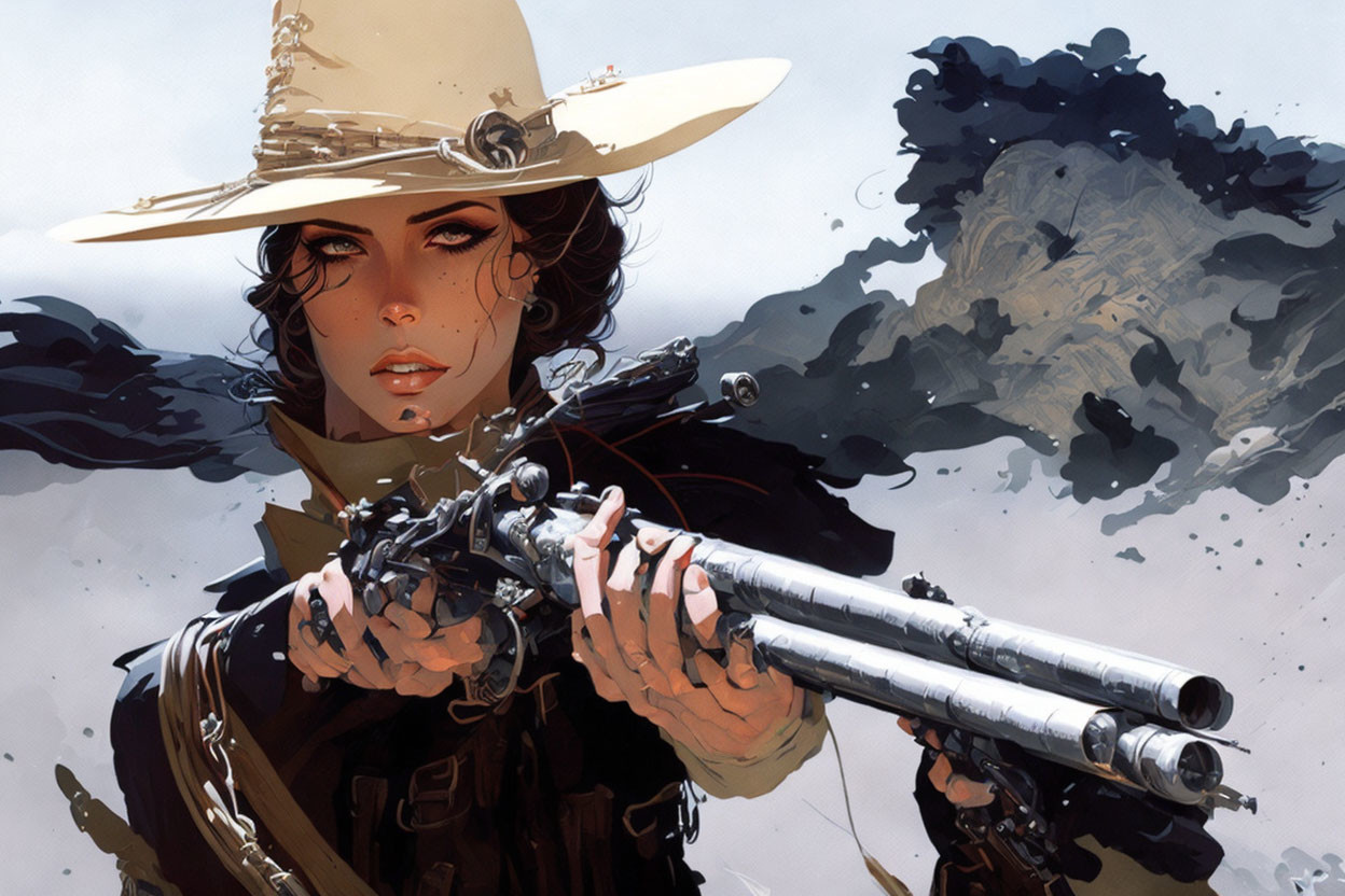 Illustration of determined woman with wide-brimmed hat and futuristic rifle in smoky backdrop