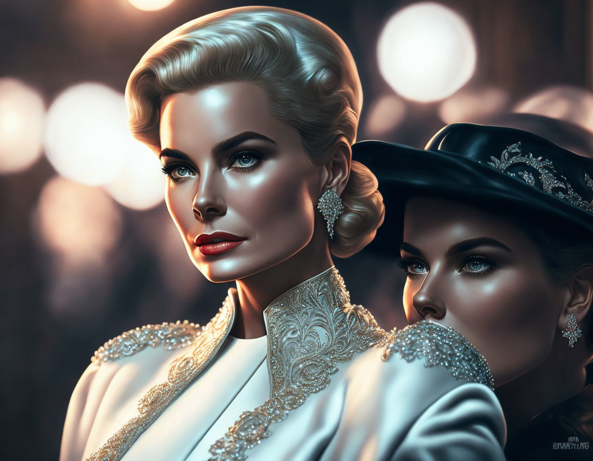 Stylized vintage women with elegant attire and makeup against soft-lit background