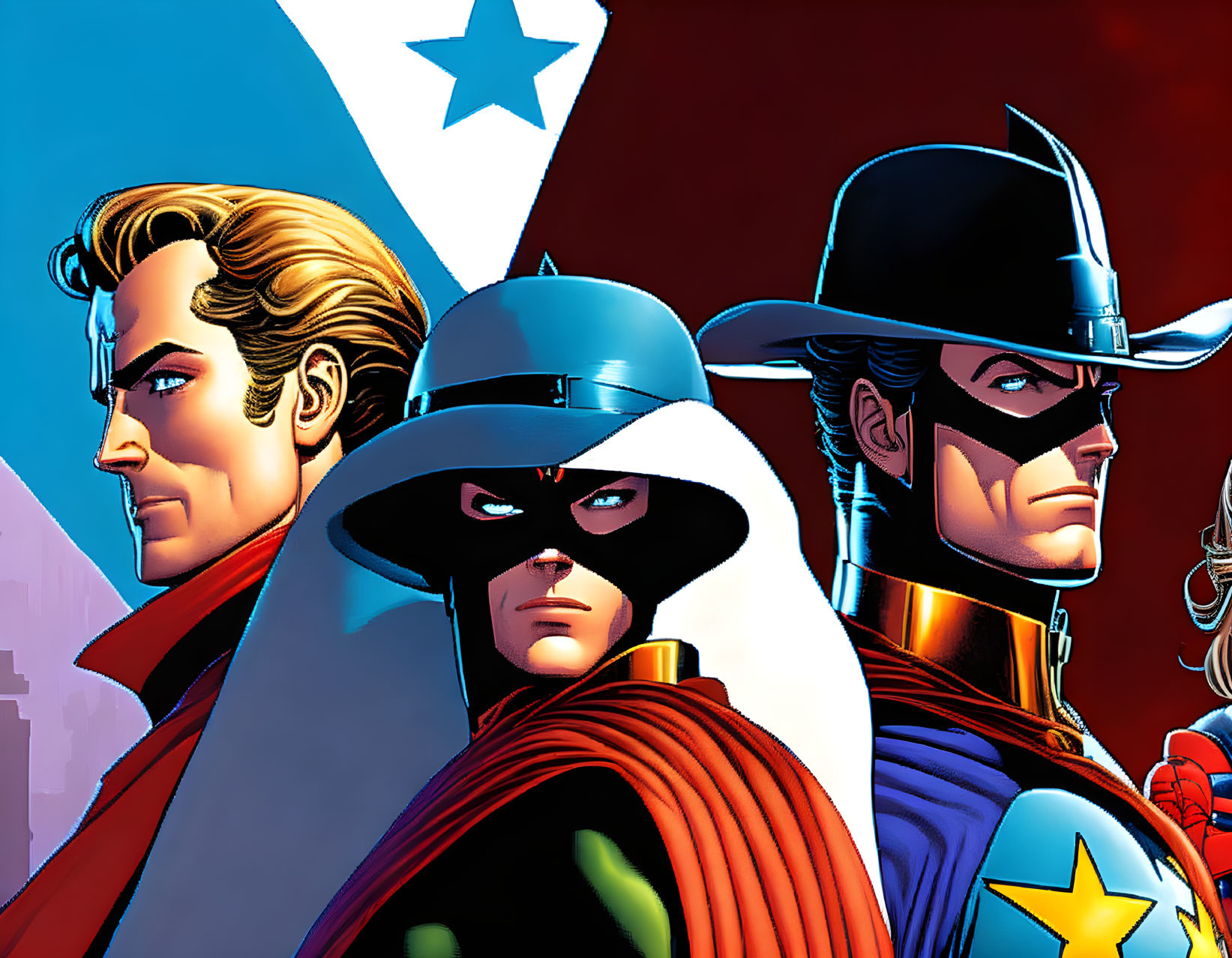 Three Comic Book Heroes with Capes: Man with Shield, Red Hat & Mask, Blue Hat &