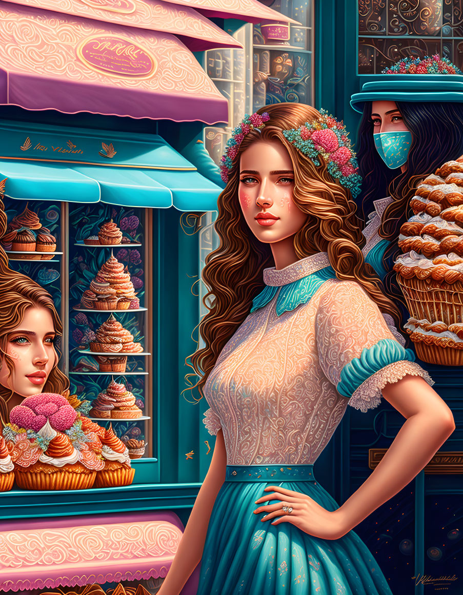 Detailed vintage dress woman illustration at pastry shop with colorful desserts.