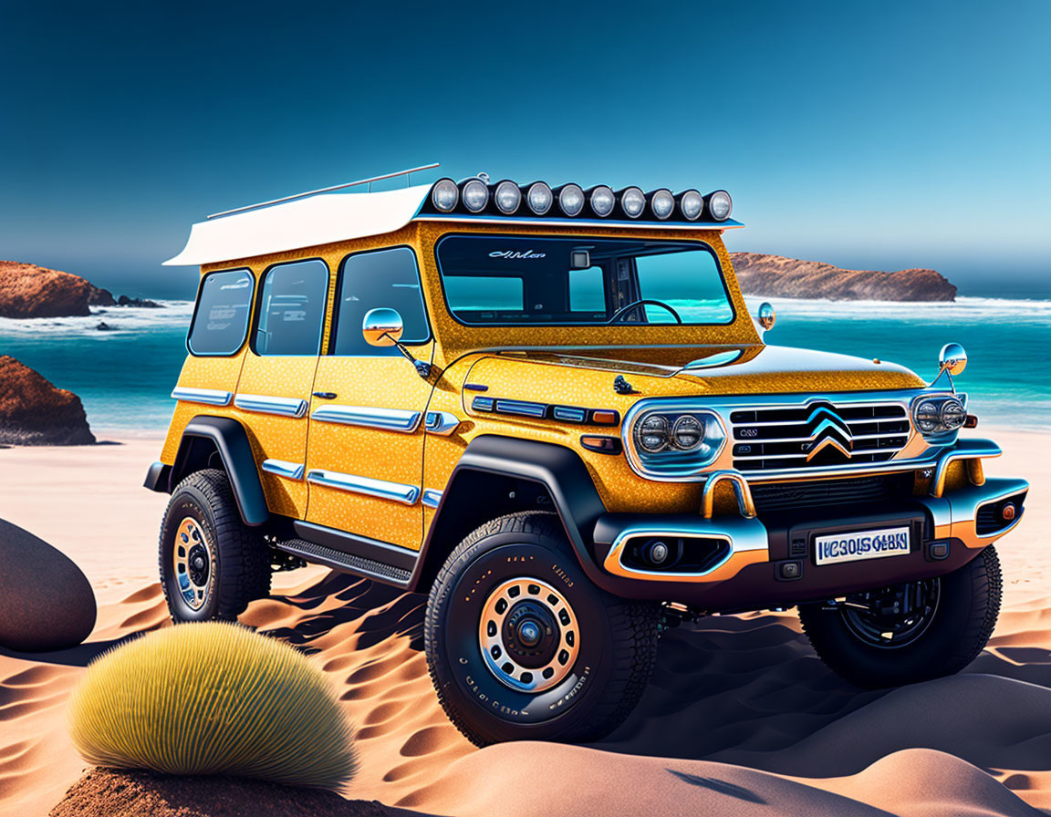 Yellow-Orange Retro-Style SUV on Desert Beach