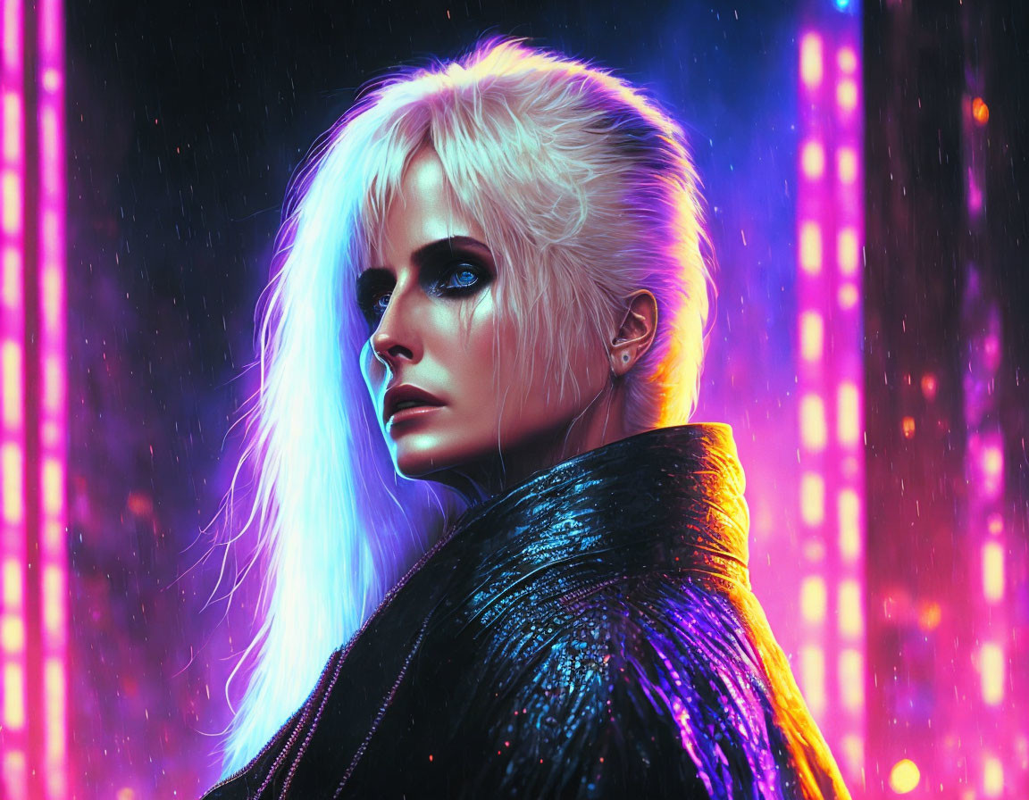 Portrait of person with platinum blonde hair in neon-lit, rain-drenched cyberpunk setting