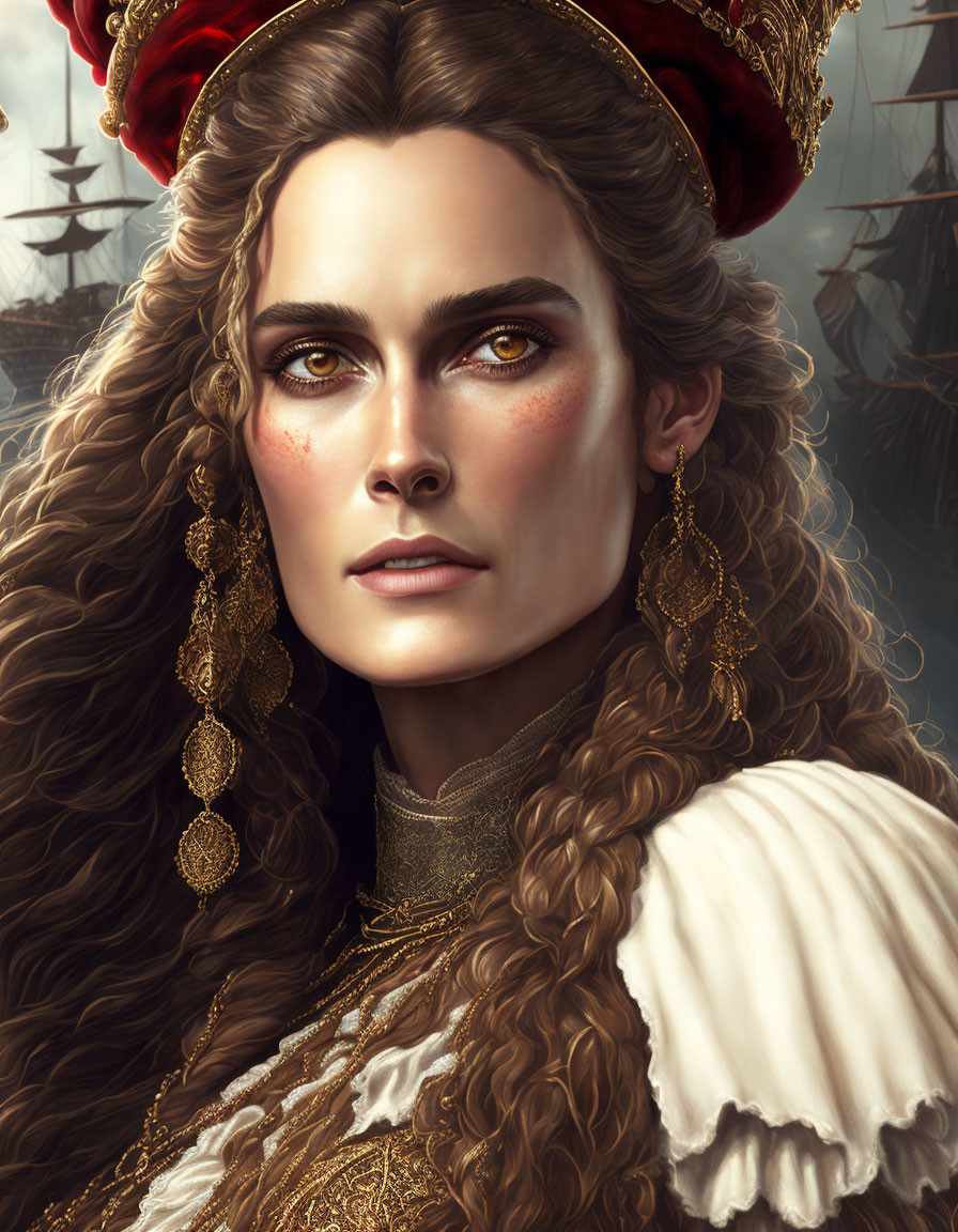 Regal woman with intense eyes and gold jewelry by sailing ships