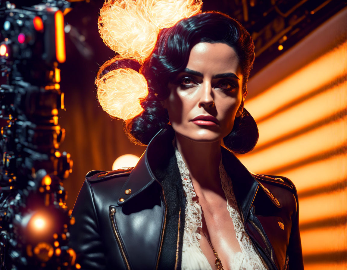 Confident woman with elaborate hairstyle and leather jacket in dramatic lighting.