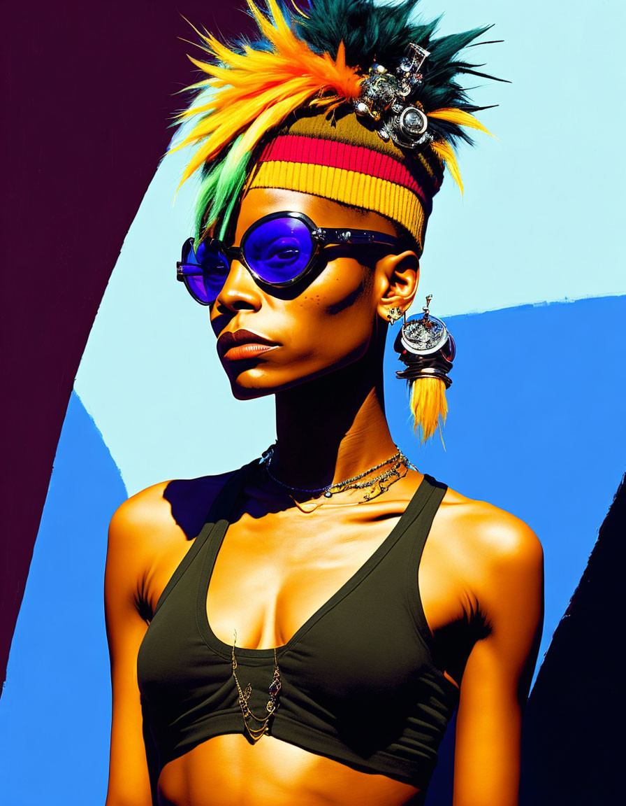 Vibrant Woman with Mohawk, Sunglasses, and Statement Earrings on Blue and Purple Background