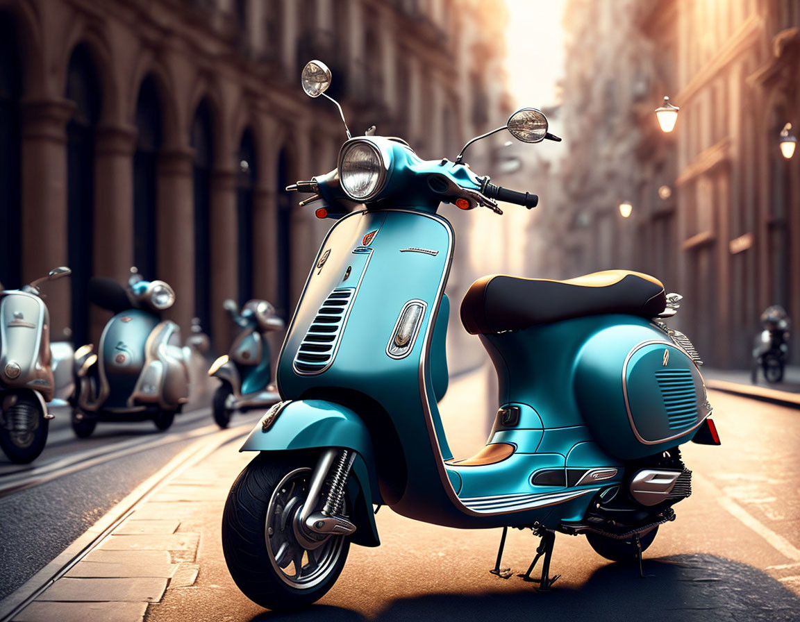 Blue vintage scooter parked on cobblestone street with soft sunlight and other scooters.