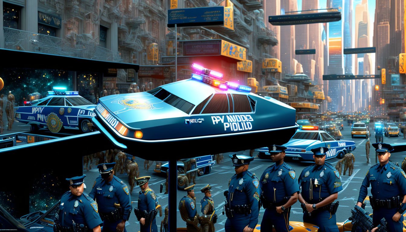 Futuristic police officers and flying patrol cars in a bustling cityscape