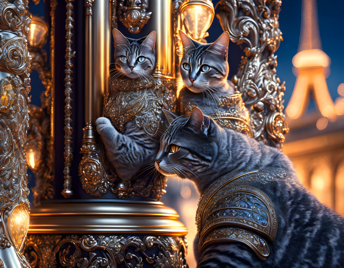 Luxurious baroque-style setting with three cats in ornate armor