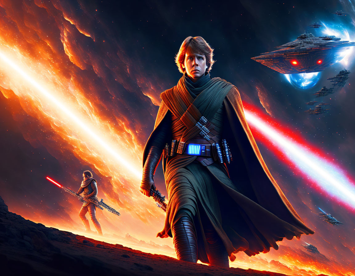 Sci-fi scene with two characters wielding red and blue lightsabers under fiery sky and spaceships