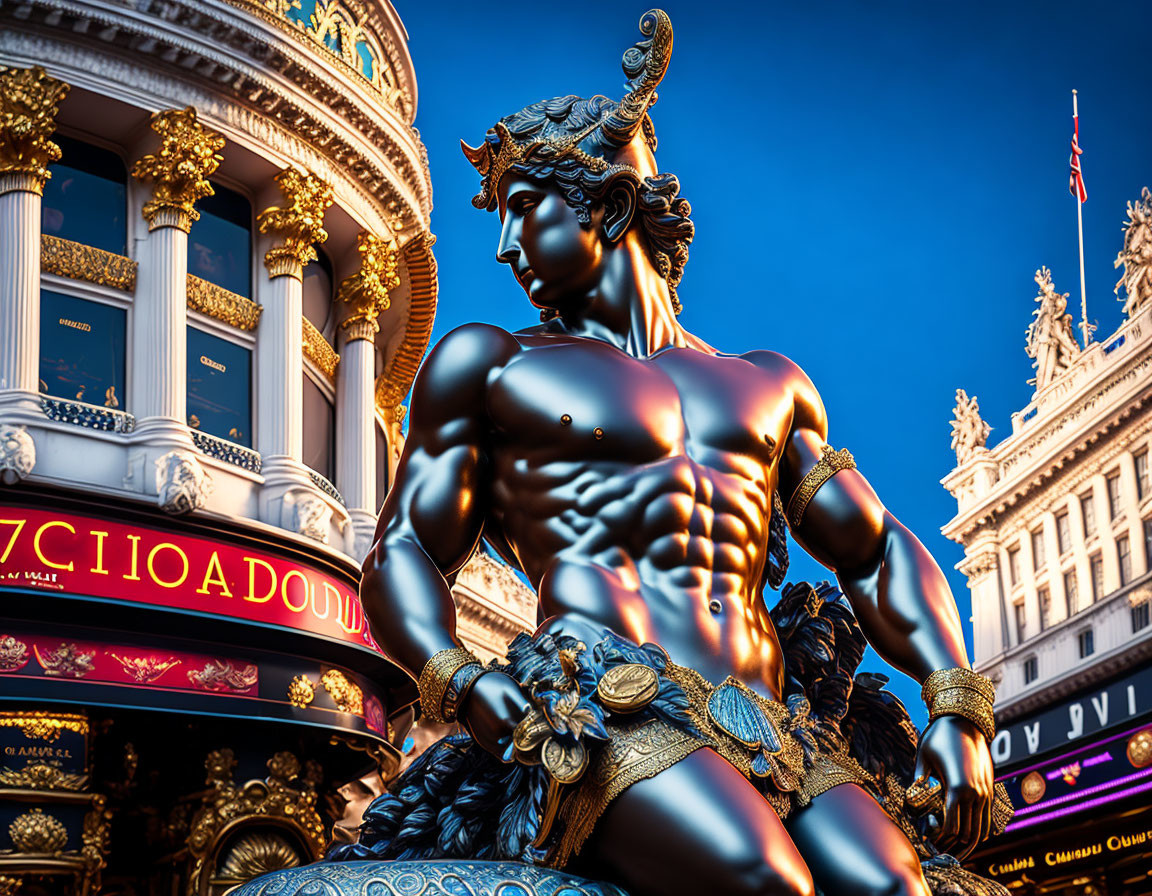 Bronze statue of muscular male figure with armor in colorful architectural setting