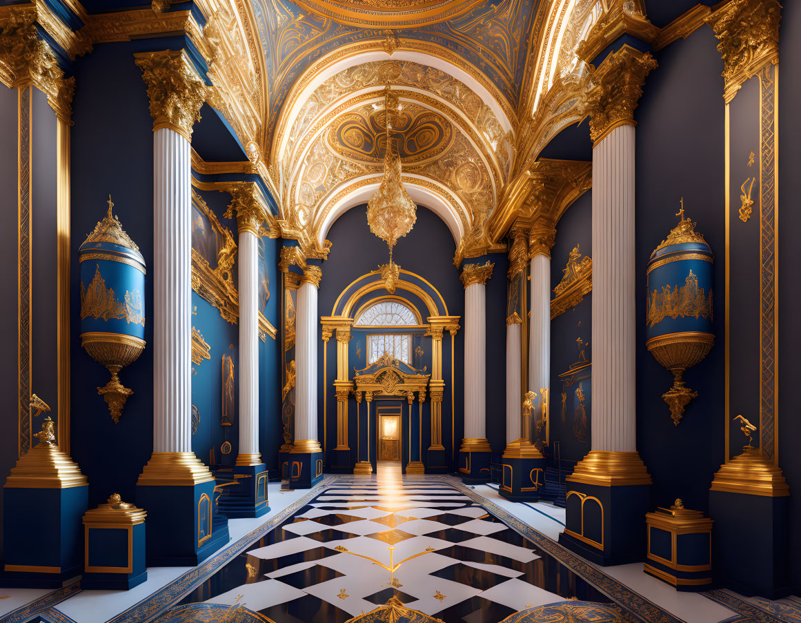 Luxurious Blue and Gold Hall with Classical Architecture