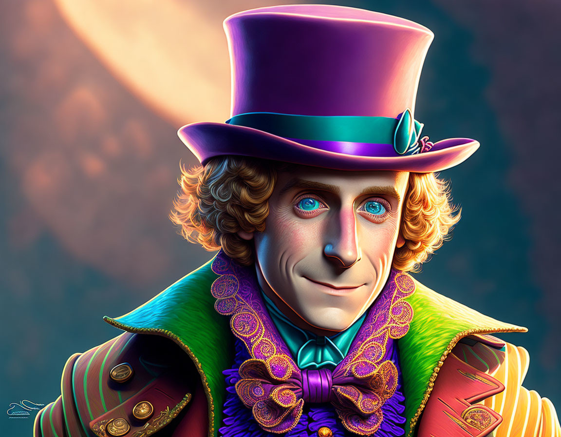 Smiling character with wavy hair in purple hat and green coat