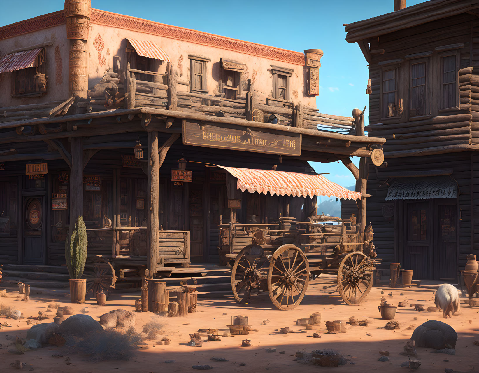 Digital Artwork: Sunlit Old Western Town with Wooden Buildings