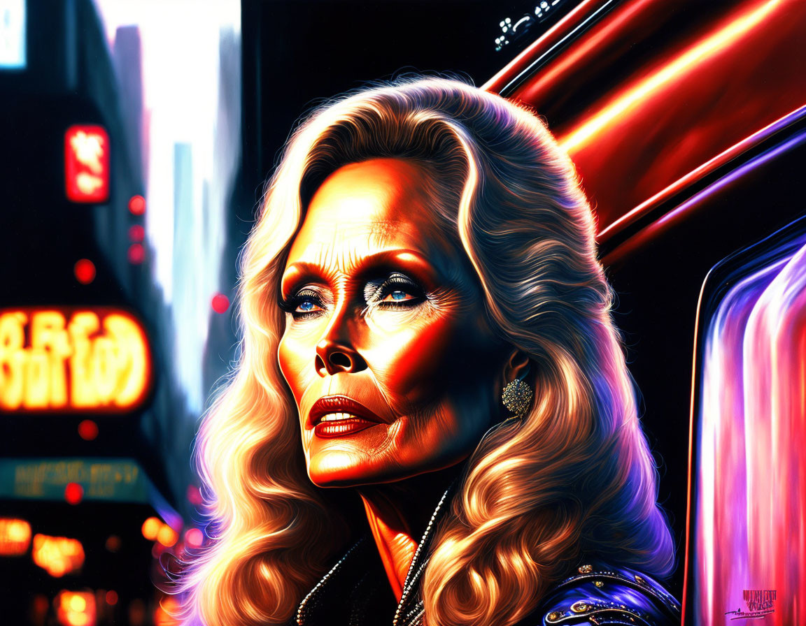 Blond Woman with Striking Blue Eyes in Neon Cityscape