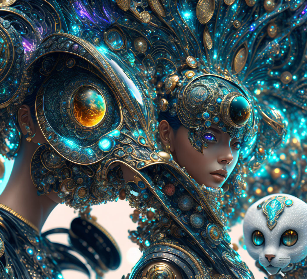 Digital artwork of woman and cat with ornate headgear & intricate metallic patterns