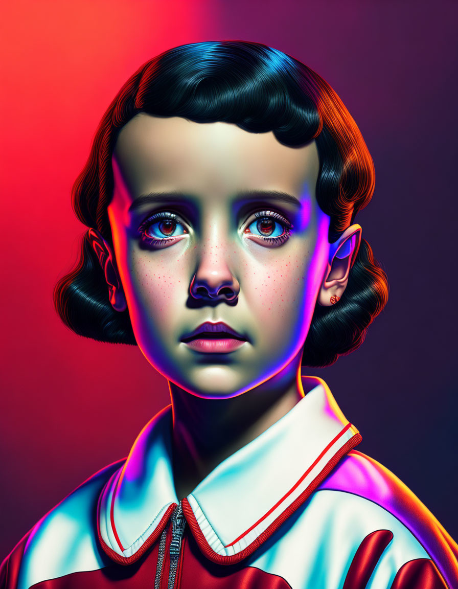 Young girl portrait with glossy skin, teary eyes, and dark hair on red-blue gradient.