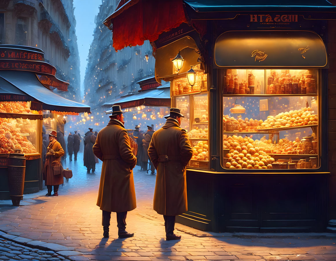 Vintage clothing individuals on bustling, snow-covered street at dusk