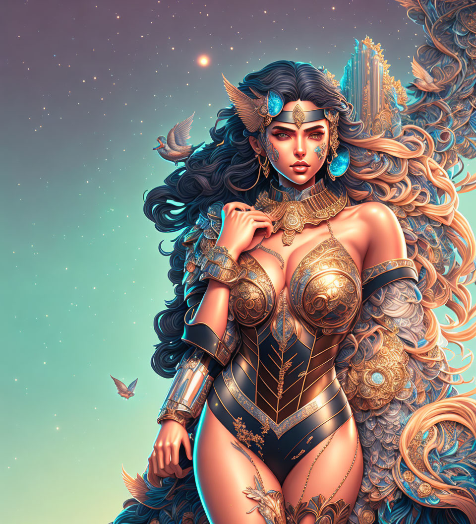 Warrior woman in ornate armor and headdress against cosmic backdrop