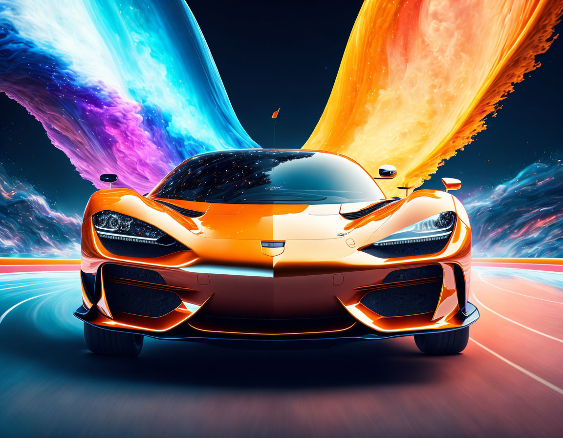 Vibrant Orange Sports Car on Futuristic Track