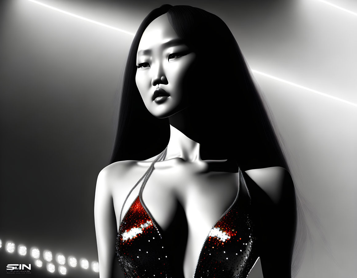 Stylized monochrome image of woman in glittering dress with Asian features