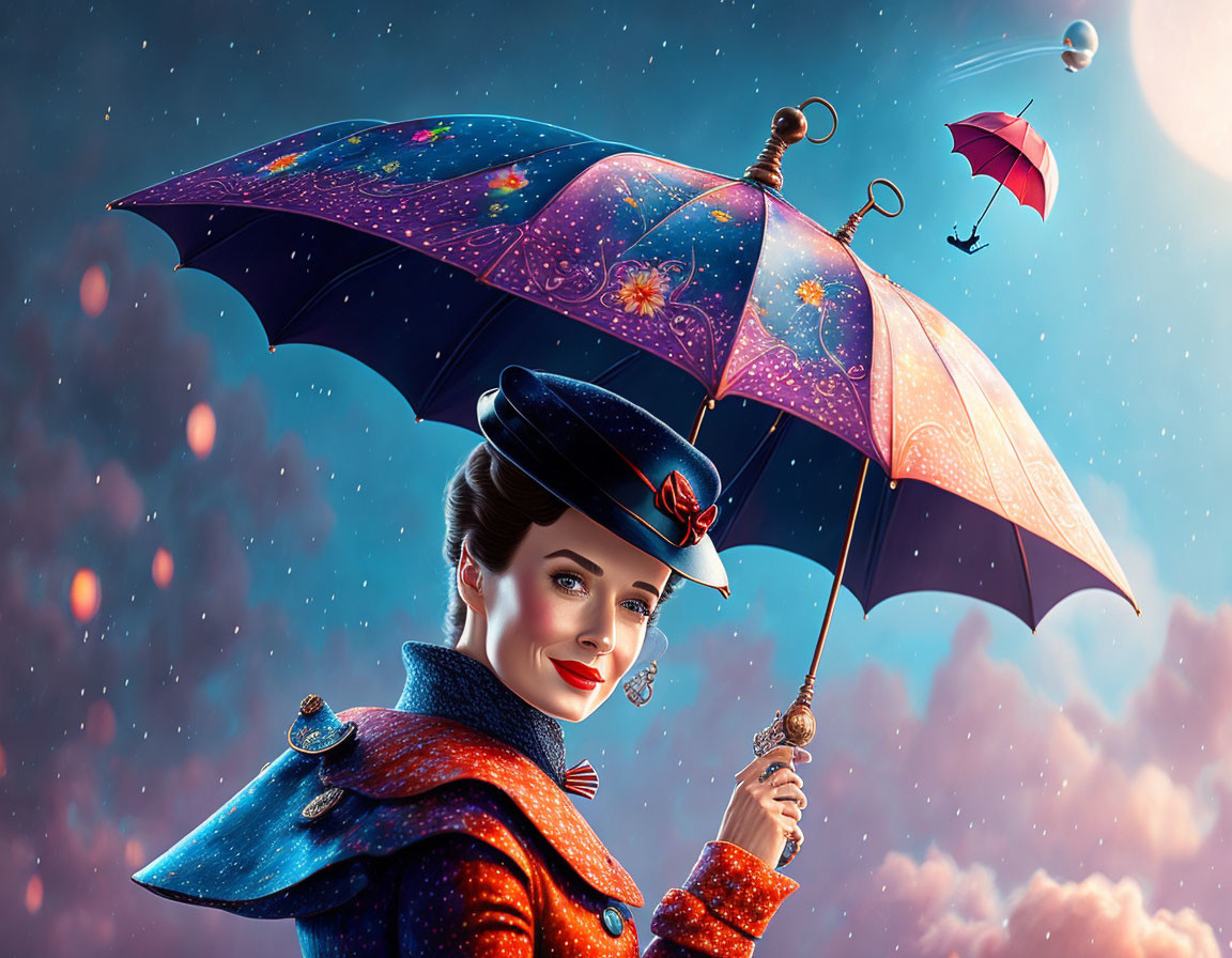 Illustrated woman with cosmic umbrella and floating person under starry sky