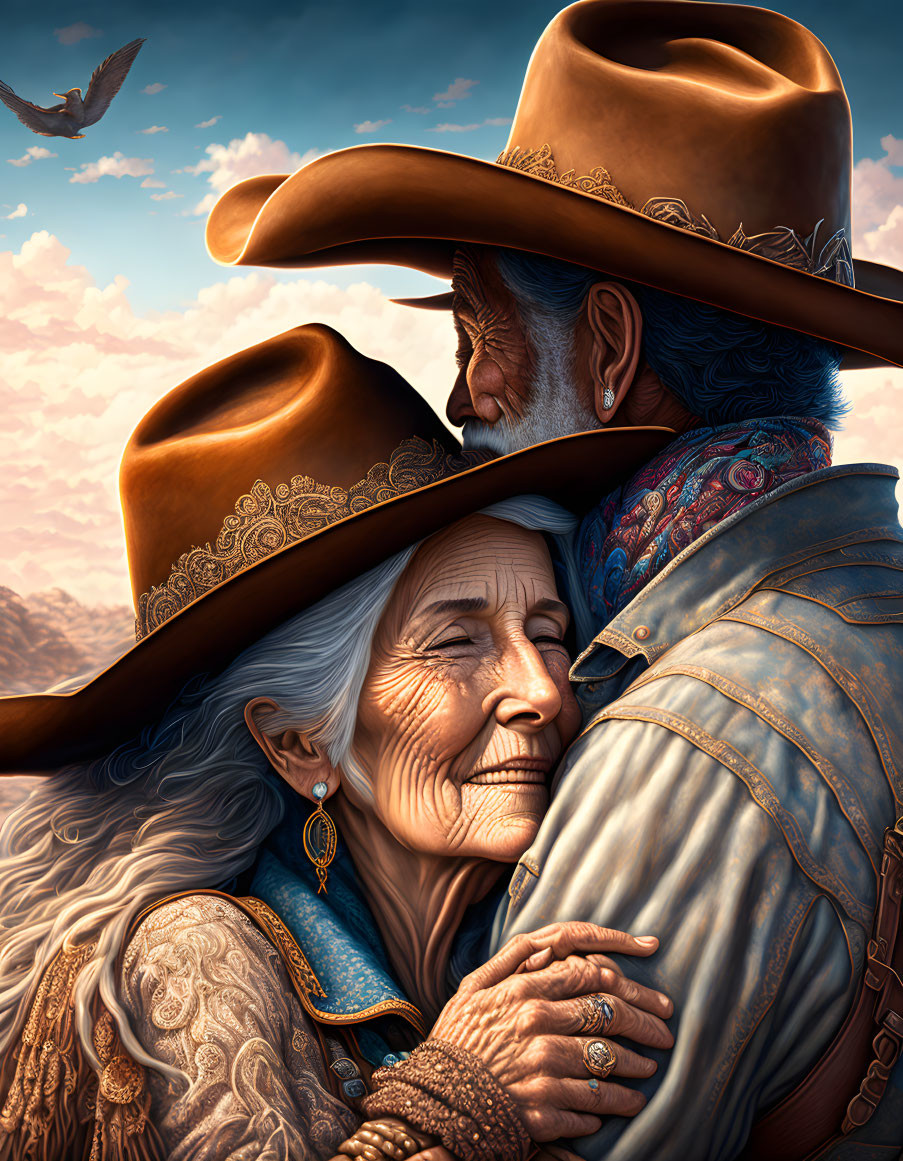 Elderly couple in cowboy hats embracing under clear skies and mountains