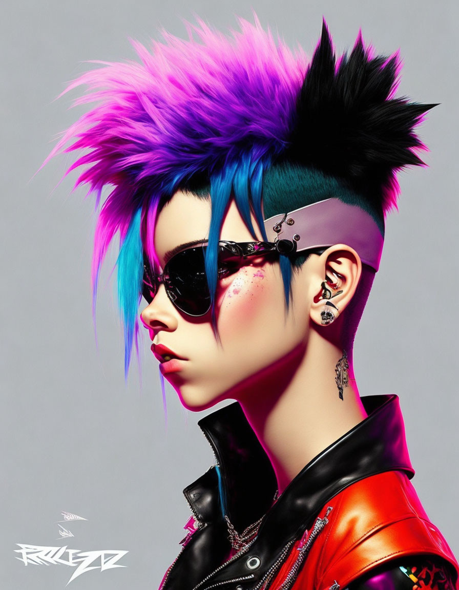 Vibrant purple and black mohawk character with cybernetic cheek implant