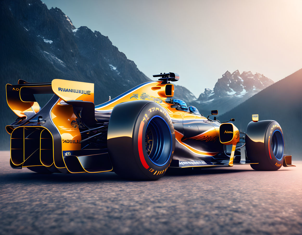 Sleek Modern Formula 1 Car in Orange and Dark Blue Livery on Mountain Road