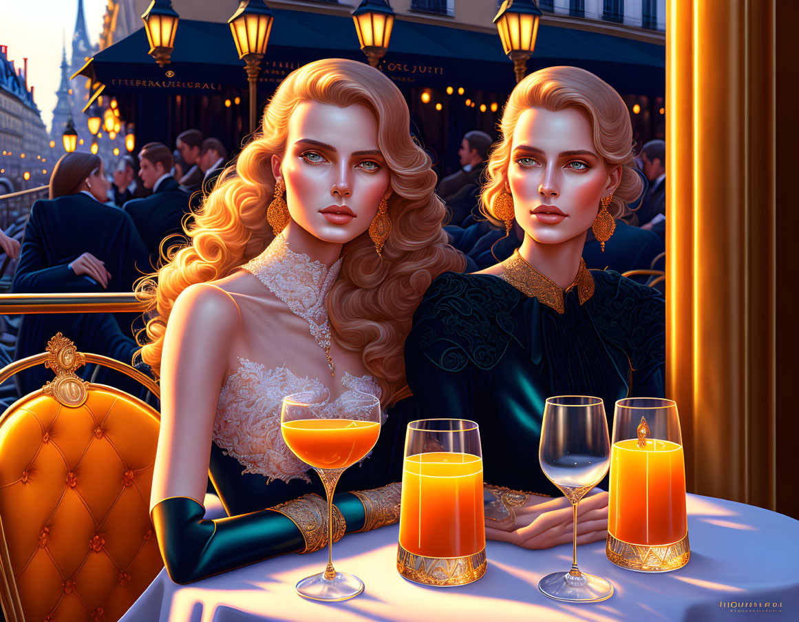 Stylized women in a cafe with golden and coiffed hair, surrounded by glasses and a