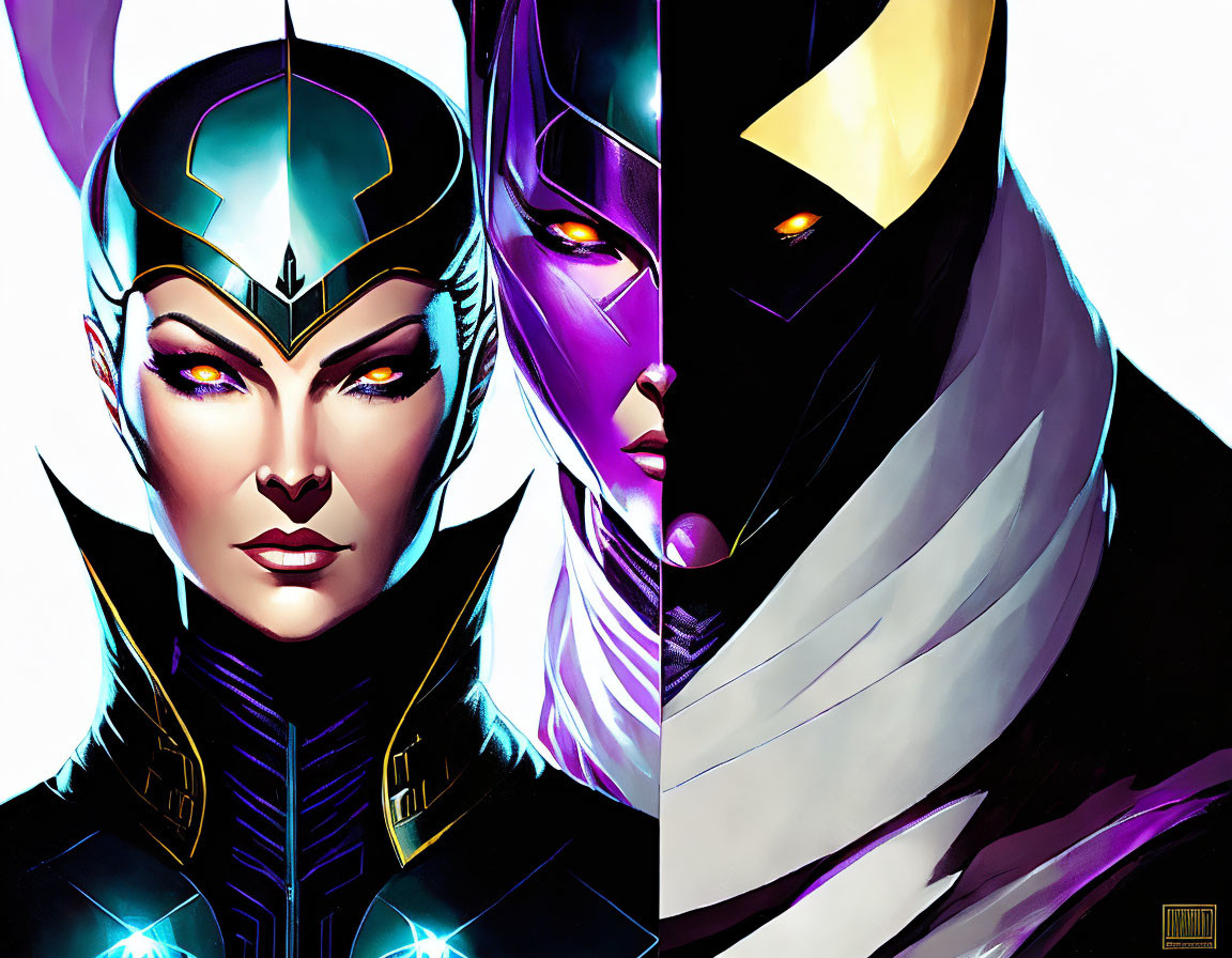 Stylized split portrait of two female comic-book characters in distinctive costumes and headgear.